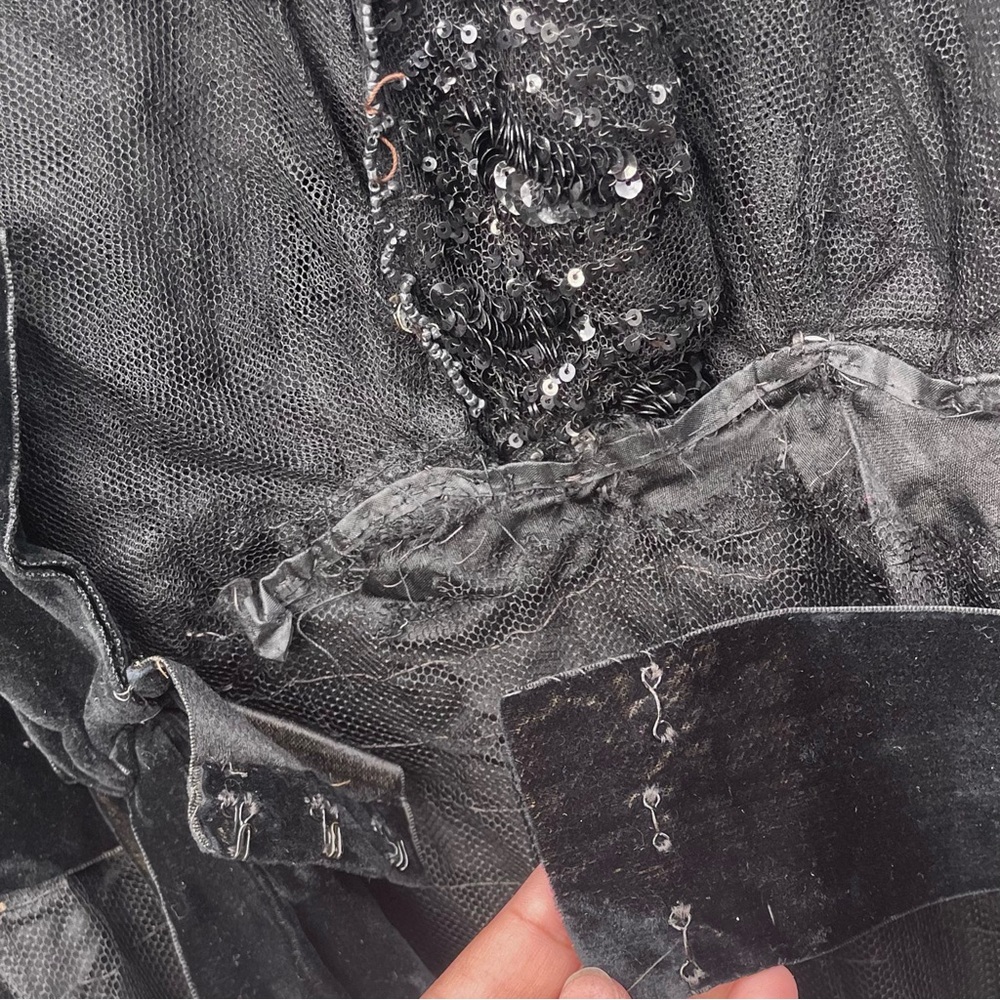 Antique 1910s Black Silk Tulle Beaded Sequin Edwardian Mourning Gibson Girl Gown - Picture 12 of 16